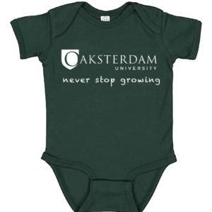 Baby Onesie with the words Oaksterdam University, Never Stop Growing